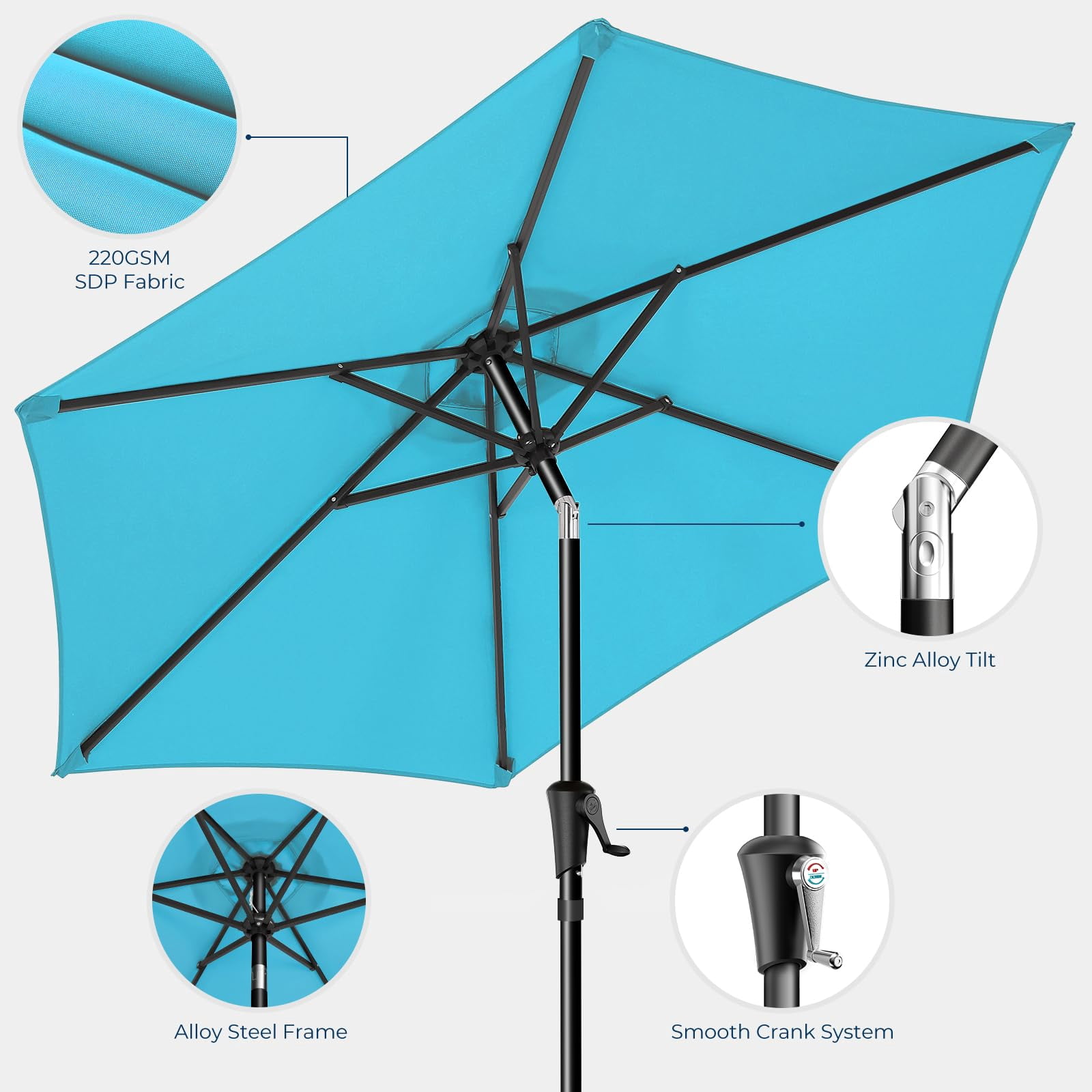 7.5ft Outdoor Patio Umbrella UPF50+ UV Protection with Push Button Tilt, Crank and 6 Sturdy Ribs