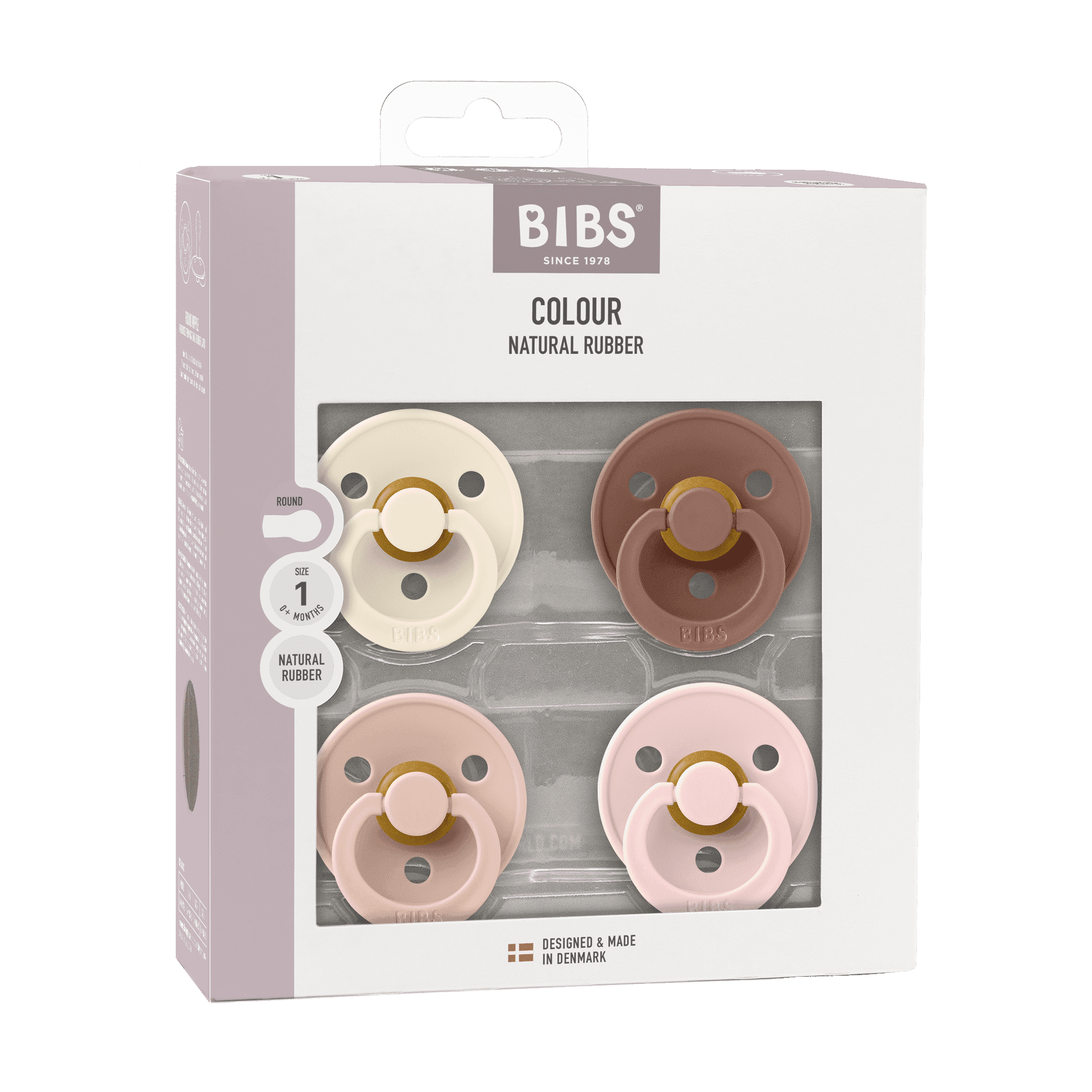 BIBS Pacifier Colour Size 1, 0-6 Months, Ivory/Blush/Woodchuck/Blossom, 4 pack