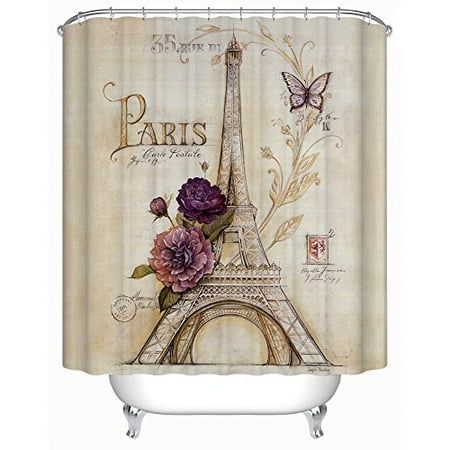 Crystal Flower Bath Light - Uphome Vintage Paris Themed Light Brown Eiffel Tower Bathroom Shower Curtain - Purple Flower Custom Polyester Fabric Bath Decorative Curtain