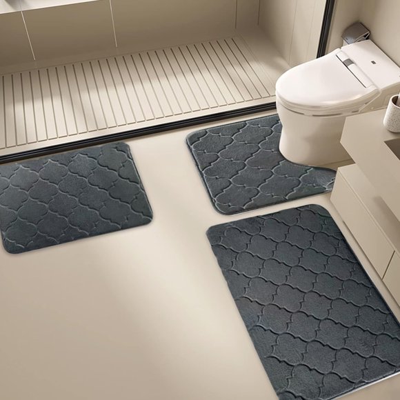 Fiudx Juego de Alfombrillas de Baño, Antideslizantes y Absorbentes, de Secado Rápido, Versátiles para Baño y Entrada, Estilo Moderno y Acogedor, Juego de 3 Piezas, Café/Gris Oscuro/Gris, 40 X 50 Cm,