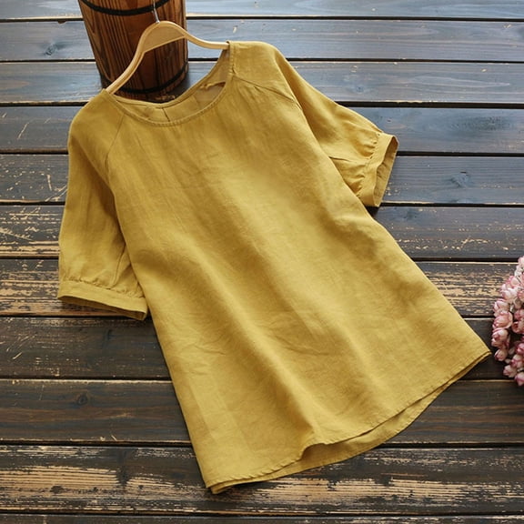 Yellow XXL WIZUTIZ Tops for Women Trendy up to 50% Off Pure Colour Sports Fashion Tunics T-shirt Round Neck Linen Solid Tshirts Fluffy Ladies Blouse Plus Ultra Soft Tshirt Lightweight Short Sleeve To