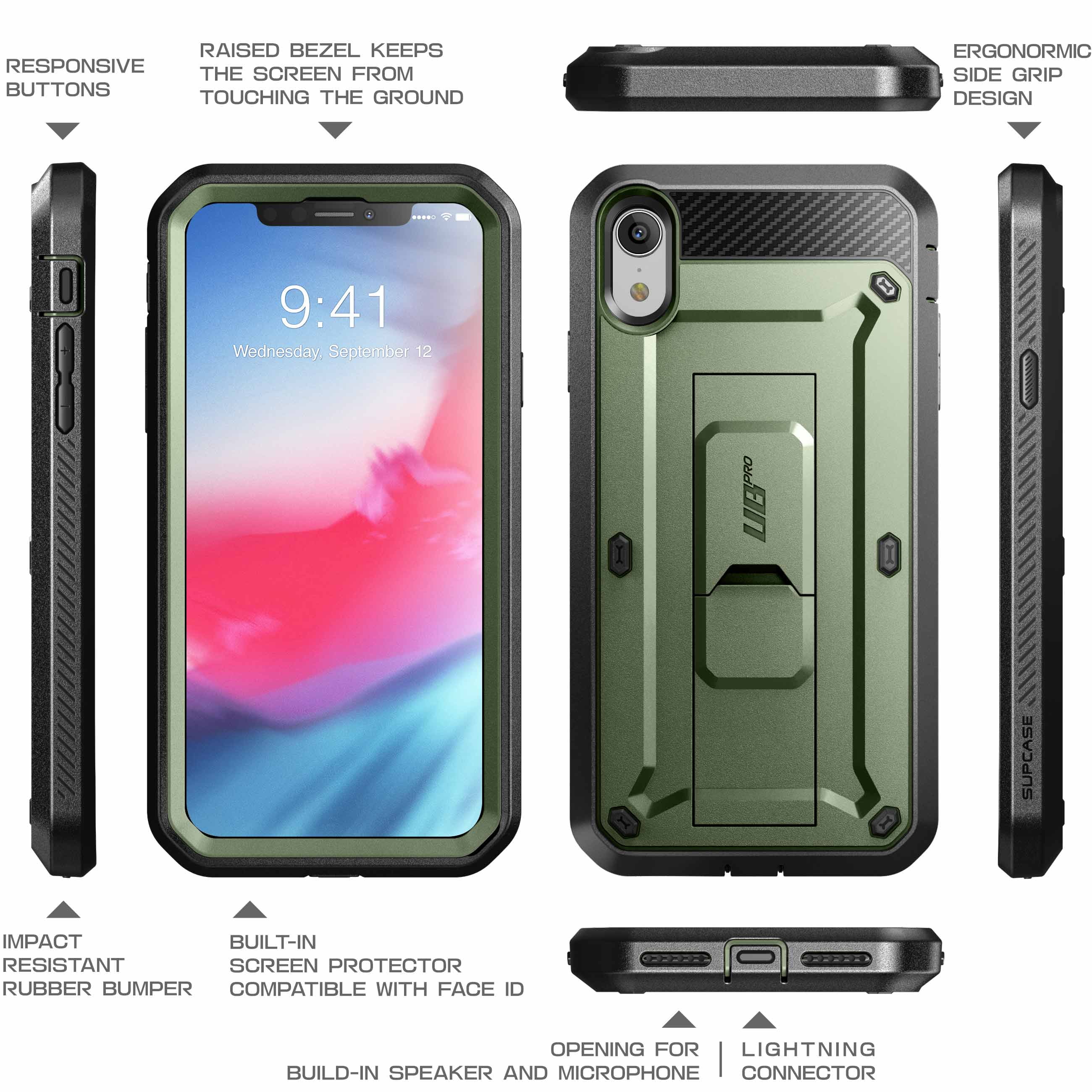 SUPCASE Unicorn Beetle Pro Series Case Designed for iPhone XR, with Built-in Screen Protector Full-Body Rugged Holster Case for iPhone XR 6.1 Inch (2018 Release) (Green)