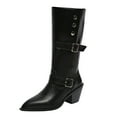 thumbnail image 3 of Women Boots Chunky Mid Heel Pointy Toe Mid Calf Booties with Buckle Women Trendy Casual Outdoor Dressy Winter Warm Shoes Black 7.5, 3 of 10