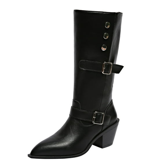 Women's Riding Boots Pull On Knee High Boots Knee High Boots Pointed Toe Stiletto Side Zip Chic Belt Buckle Boots Winter Boots with Buckles Block Heels