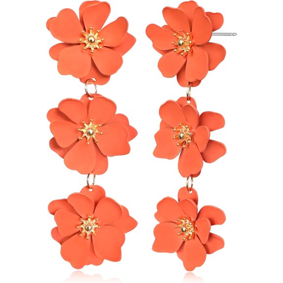 shiyou-Elegant Bohemian Matte Tiered Triple Flower Dangle Drop Earrings Chic Charm Cute Long Floral Stud Earrings for Women Girls Statement Jewelry Gifts