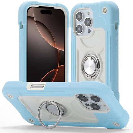 Case for Apple iPhone 14 Pro Max 6.7 inch with Double ring Stand 360° rotating bracket PC+silicone, Heavy-Duty Military Grade Shockproof Phone Cover,Sky blue,For iPhone 14 Pro Max