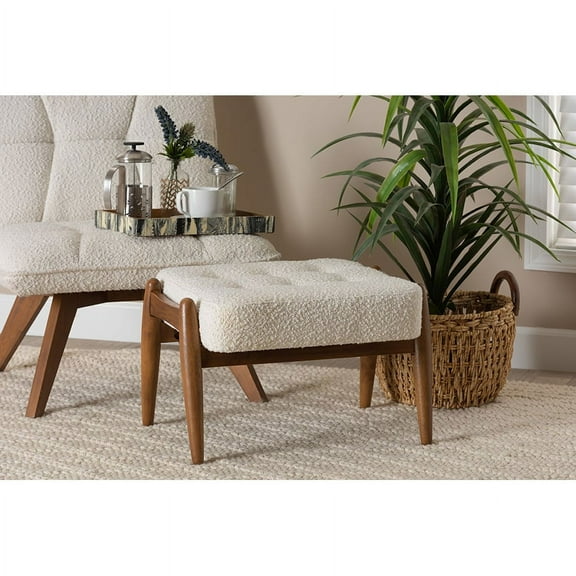 Baxton Studio Jeanine Japandi Cream Boucle Fabric and Walnut Brown Finished Rubberwood Ottoman Footstool