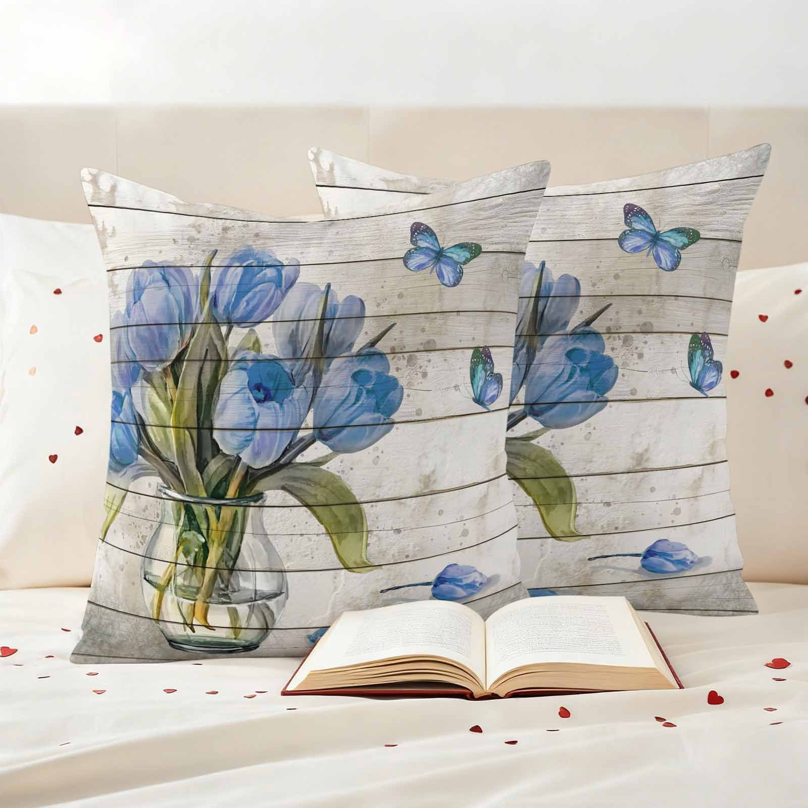 Blue Tulip Outdoor Waterproof Pillow Covers, Vintage Spring Floral Retro Art Butterfly Wooden Decorative Square Throw Pillowcase Sofa Cushion Sham for Patio/Couch/Chair, 20"x20" 2 Pack
