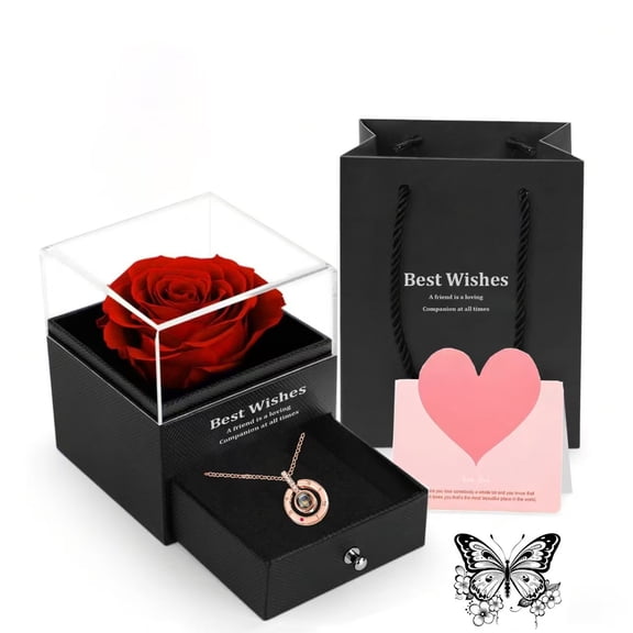 Top-keivon Preserved Red Real Rose with I Love You Necklace, Birthday Gifts for Women Her Mom Wife Girlfriend Grandma Christmas Anniversary