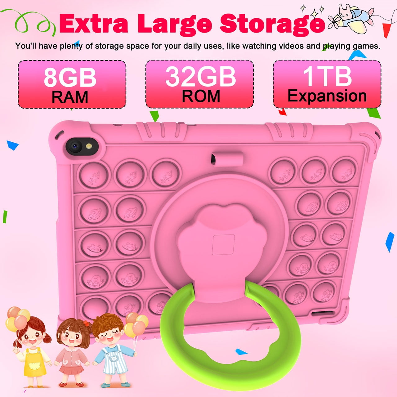 Android 15 Kids Tablet, 10 inch Tablet for Kids, 8GB RAM 32GB ROM 1TB Expand, Toddler Tablet with Parental Control, IPS Screen, Dual Camera, Educational, Games, Shockproof Case for Girls, Pink
