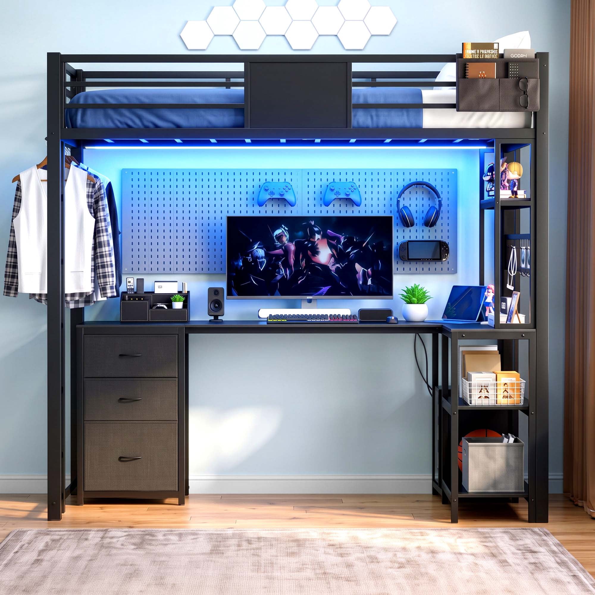 Miniyam Twin Loft Bed with L-Shaped Desk and Storage, LED Light and Charging Station, Black