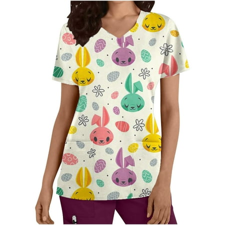 

Easter Scrub Tops Women Summer Cute Rabbit Egg Print Nursing Uniform with Pocket Comfort V Neck Short Sleeve Holiday T Shirts