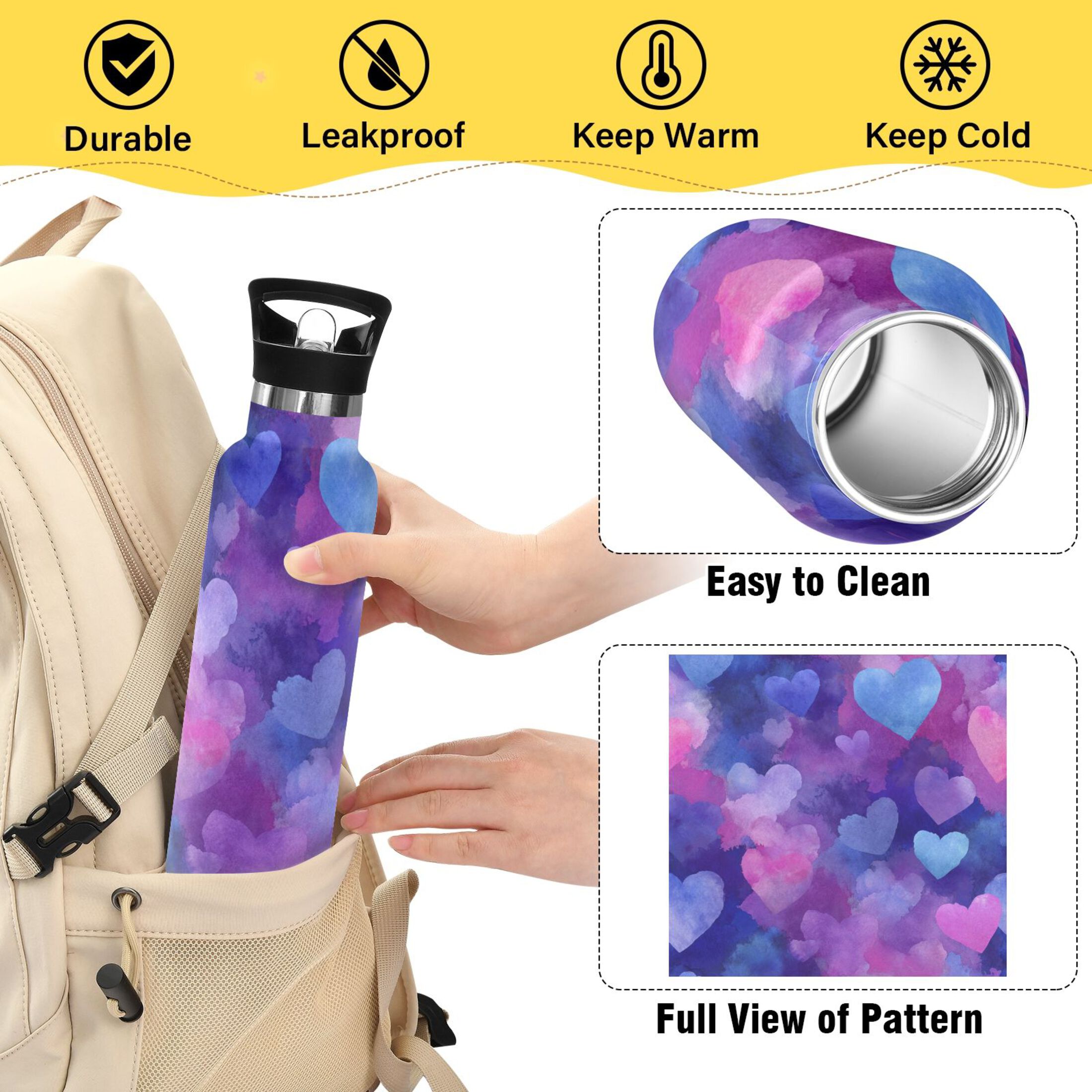 Kids Insulated Stainless Steel Sports Water Bottle 600ml (20oz) Indigo and Violet Hearts
