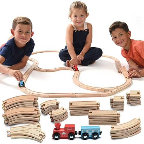 Play22 Wooden Train Tracks - 52 PCS Wooden Train Set + 2 Bonus Toy Trains - Train Sets for Kids - Car Train Toys is Compatible with Thomas W