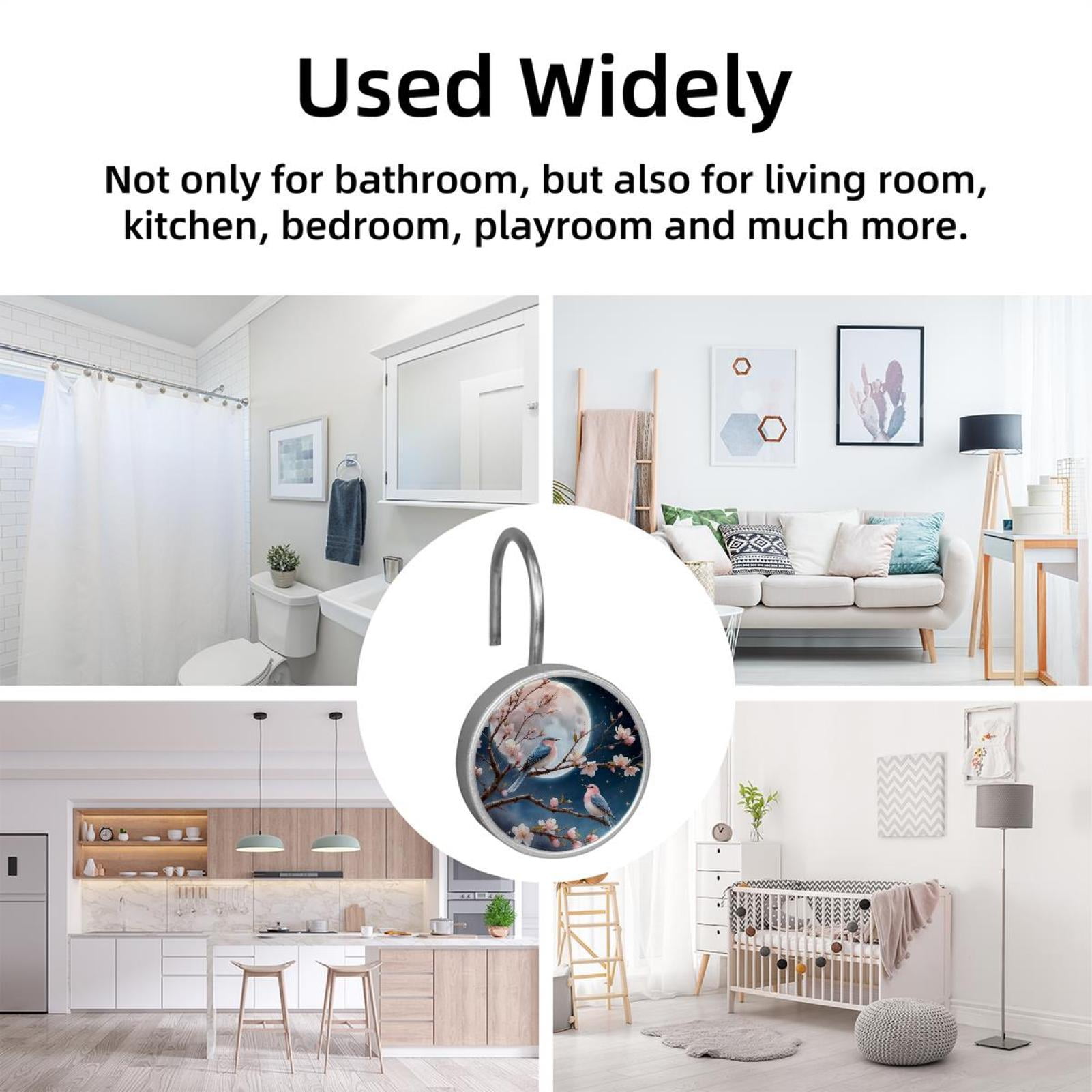 Imobaby 12 Pcs Metal Shower Curtain Hooks Rust Proof for Shower Curtain Liner - Moonlight Magpie Pink