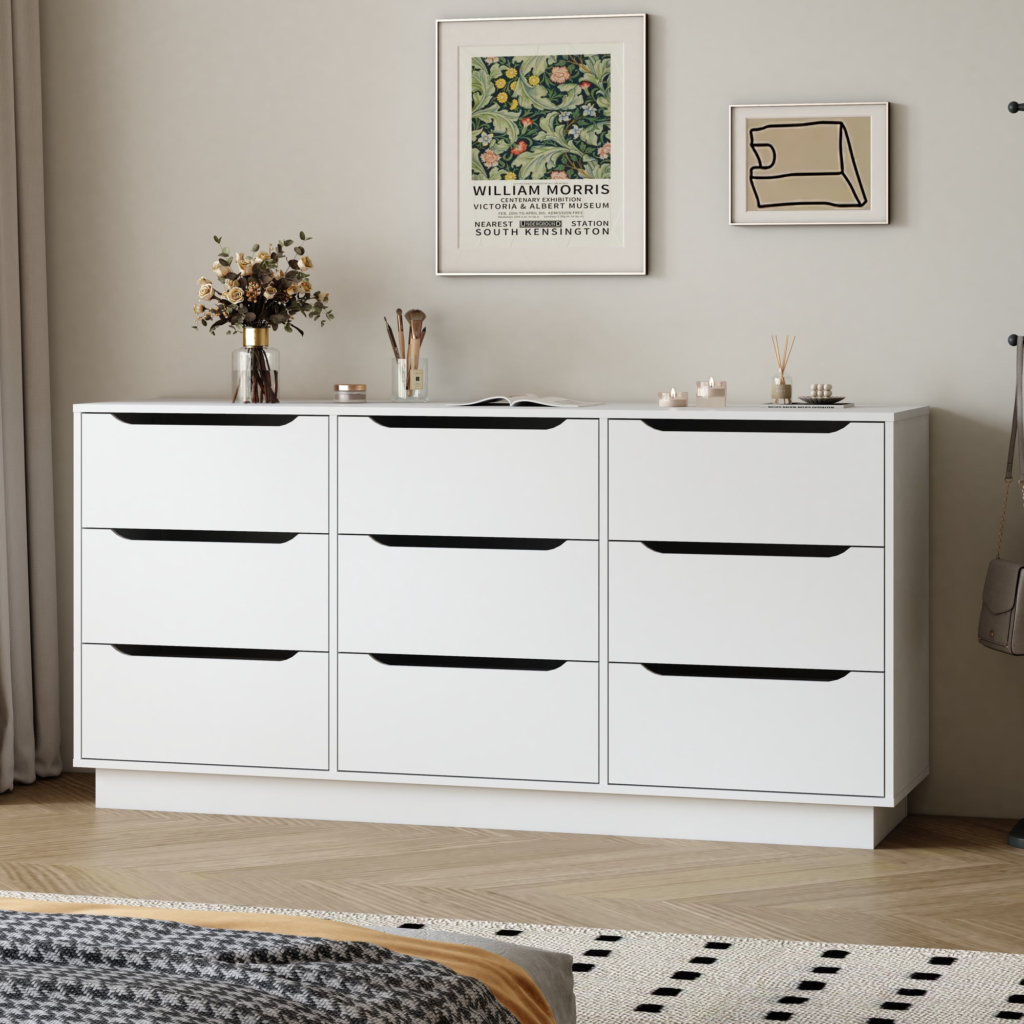 Noble House 63" Wide 9-Drawer Dresser, Storage Chest with Handleless Design for Bedroom, Living Room, White