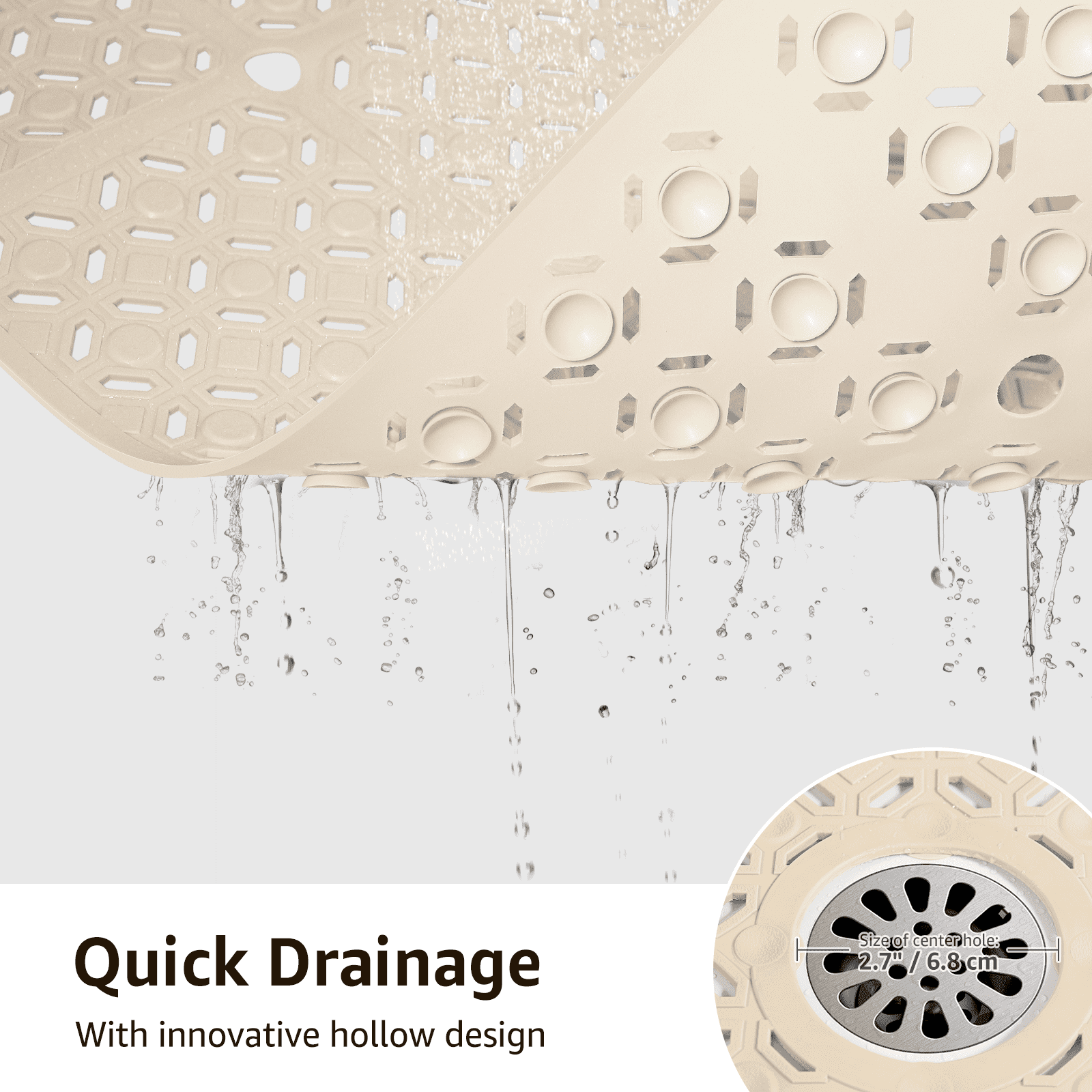 Yolife 27" x 27" Square Shower Mat, Non-Slip TPE Bath Mat with Drain Hole & Suction Cups, Machine Washable Soft Floor Mat for Tub or Stall,Beige