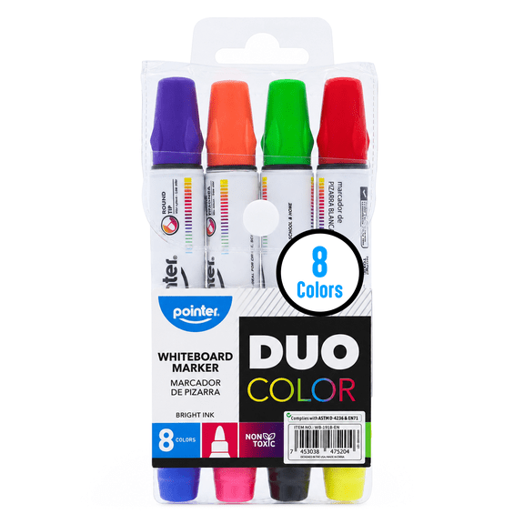 Pointer Duo Color Dry Erase Markers, Round Tip, Assorted Ink Colors, 4 Count (4 pack), for Whiteboards and Classroom Use