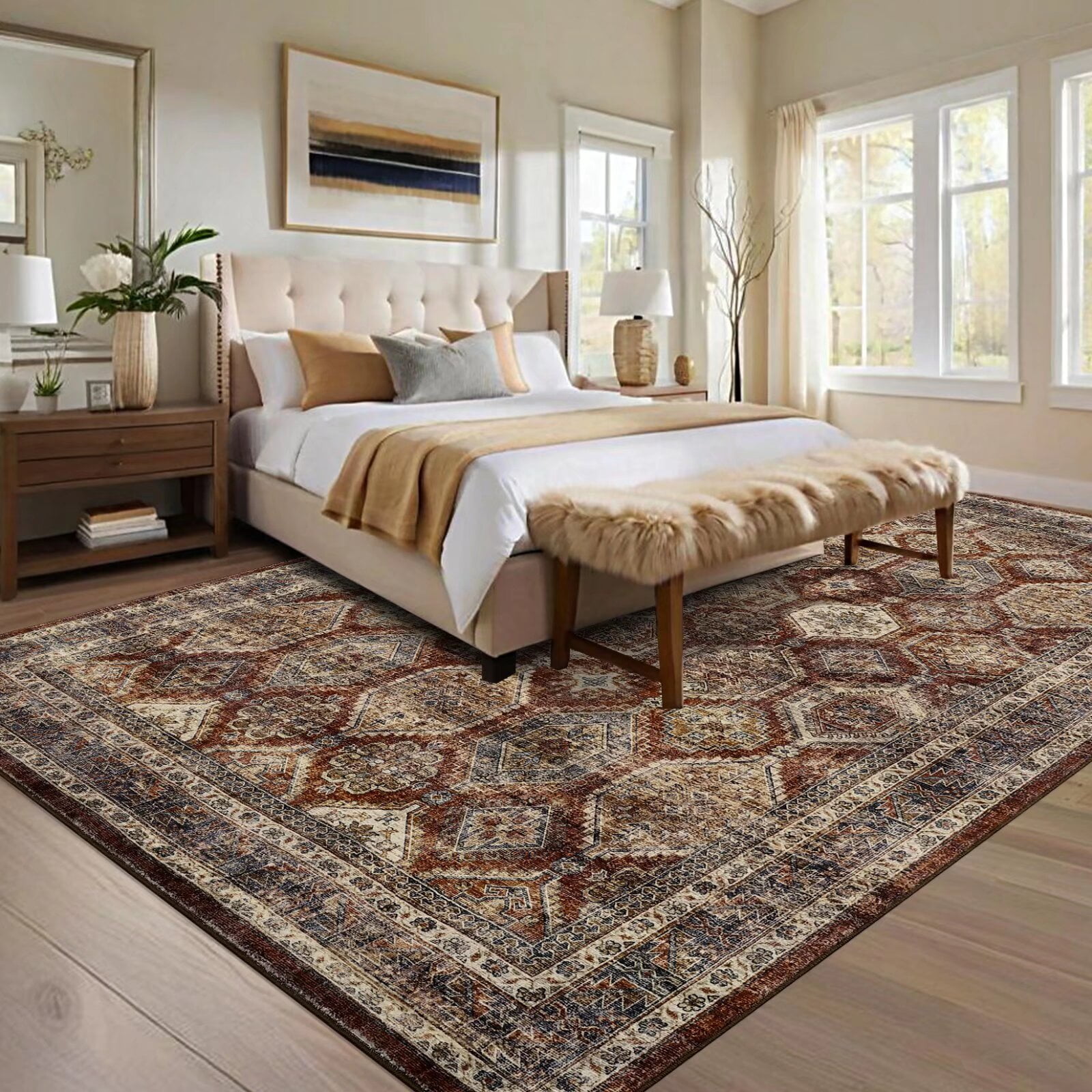 Hasoo Indoor Washable Area Rug 9' x 12' Floral Rugs for Living Room Geometric Throw Floor Mats Non-Slip Accent Carpet Brownish Red