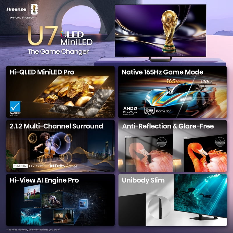 Hisense 75" U7 Series MiniLED QLED UHD 4K HDR Smart Google TV (75U7SG, 2026 Model) - Hi-QLED MiniLED, Native 165Hz feature detail
