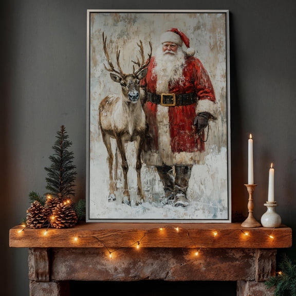 Santa With Reindeer Poster Santa Claus Wall Art Festive Deer Posterwinter Decor Ready To Hang, Unframed Poster Size 8x12