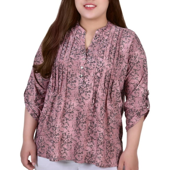 NY Collection Women's Plus Size 3/4 Sleeve Roll Tab Y Neck Top