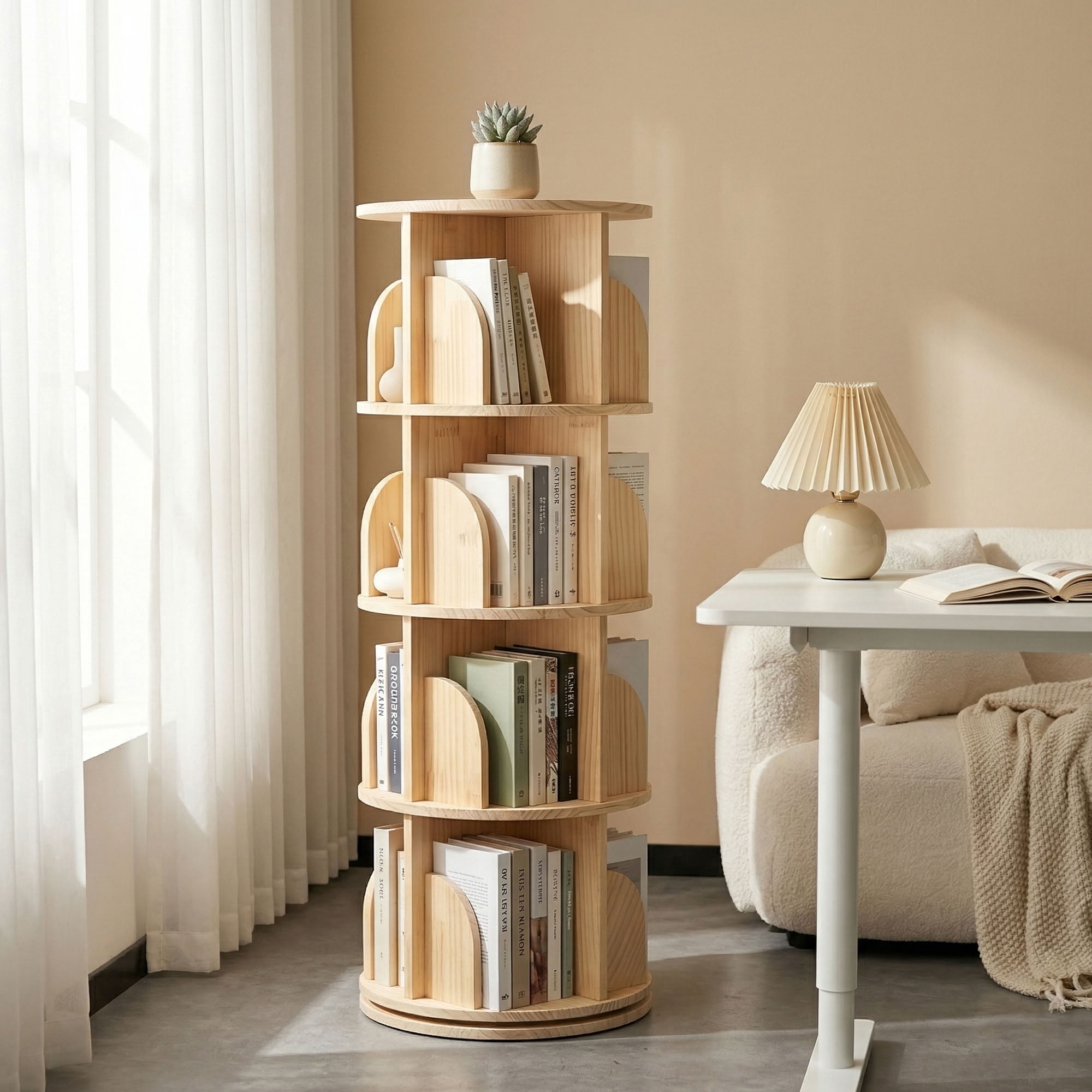 MAYEERTY 5 Tier Rotating Bookshelf, 360 Degree Spinning Round Floor Standing Display Storage Shelf Organizer for Bedroom Living Room Home Office Small Spaces