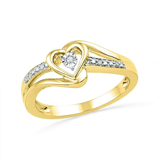 10kt Yellow Gold Womens Round Diamond Heart Love Promise Bridal Ring ...