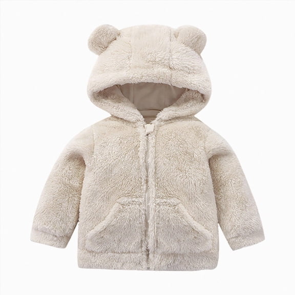 JUMEYU Winter Jacket Toddler Girl Baby Girls Fuzzy Plush Hooded Jacket Sherpa Zip-Up Front Toddler Coat 18 24 Months (White,18-24 Months)