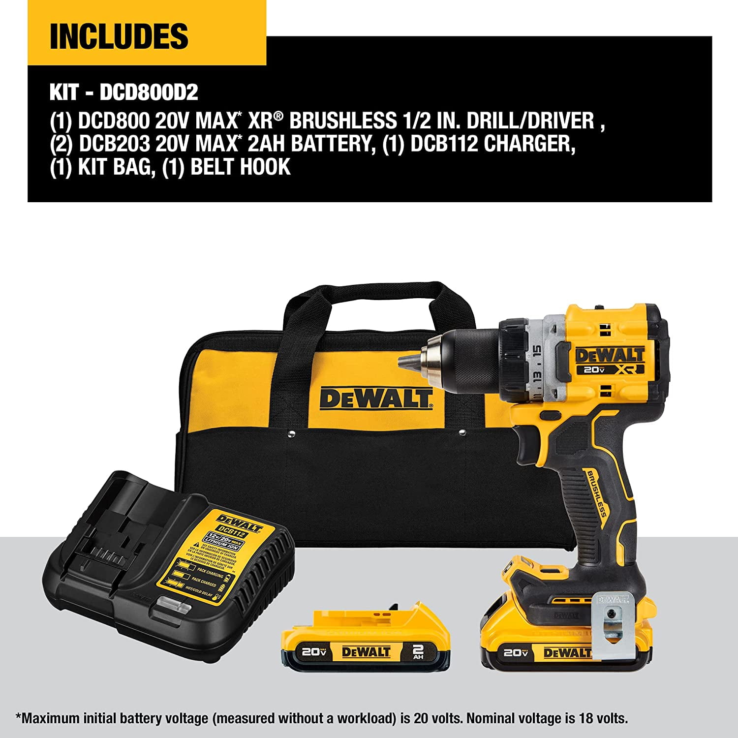Dewalt DCD800D2 20V MAX* XR Brushless Cordless 1/2 in. Drill/Driver Kit DWT-DCD800D2