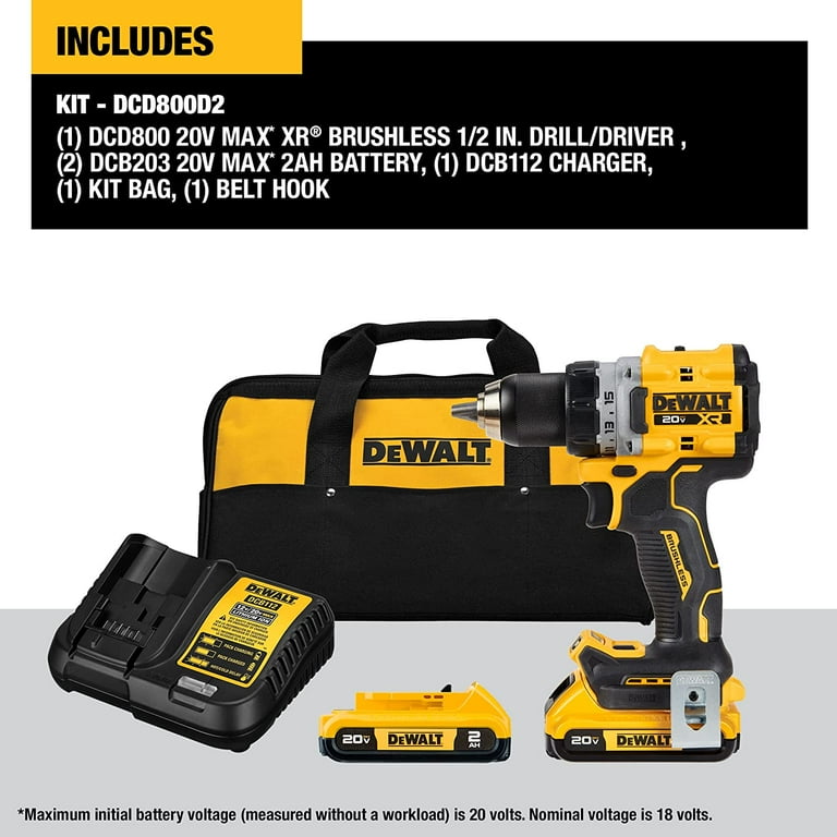 DEWALT 20V MAX XR Power Drill Driver Tool Set Compact Brushless with 2 Batteries and Charger DCD800D2 Walmart