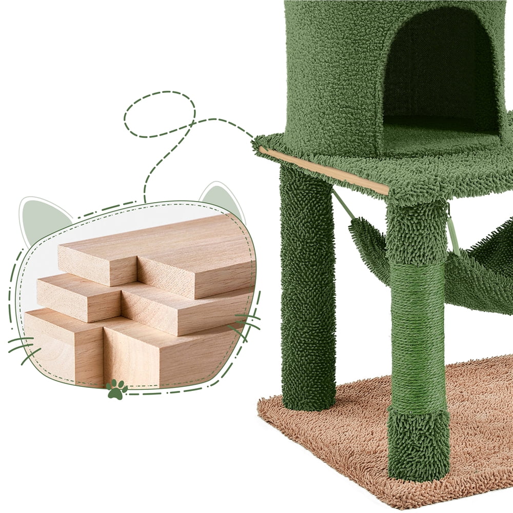 Yaheetech 62.5'' Multi-Level Cactus Cat Tree with Perch, 2 Condos & Hammock, Green/Brown