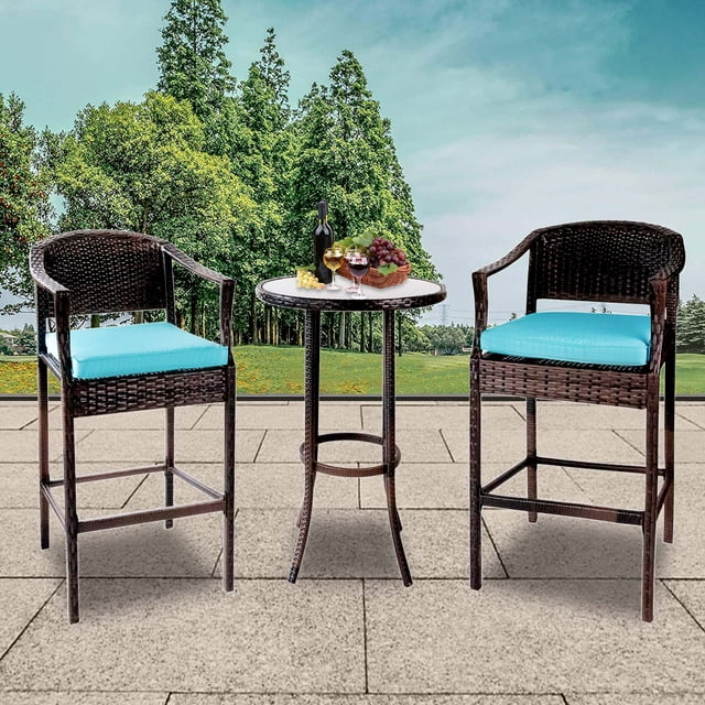 Lightweight Patio Bistro Set, 3 Piece Outdoor Bar Table & Chairs Set, 2 High Bar Chairs & 1 High Glass Top Table, All Weather Metal Frame Furniture Set, Outdoor Patio Set for Garden Yard Cafe, T156