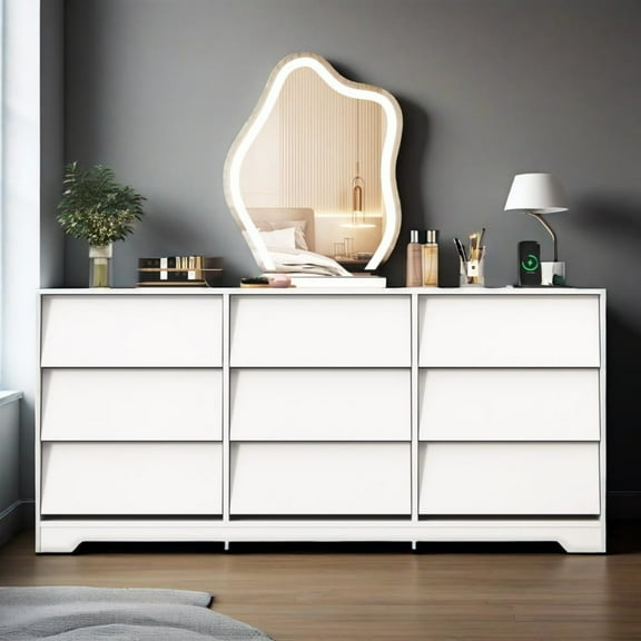55" White Dresser with 7 Large Drawers & Charging Station, Modern Wood Chest of Drawers Handle Free, 9 Drawers Dresser for bedroom, Living Room, Entryway, Hallway