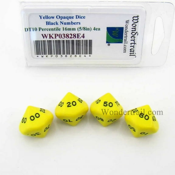 Yellow Opaque Dice with Black Numbers DT10 16mm (5/8in) Pack of 4 Wondertrail