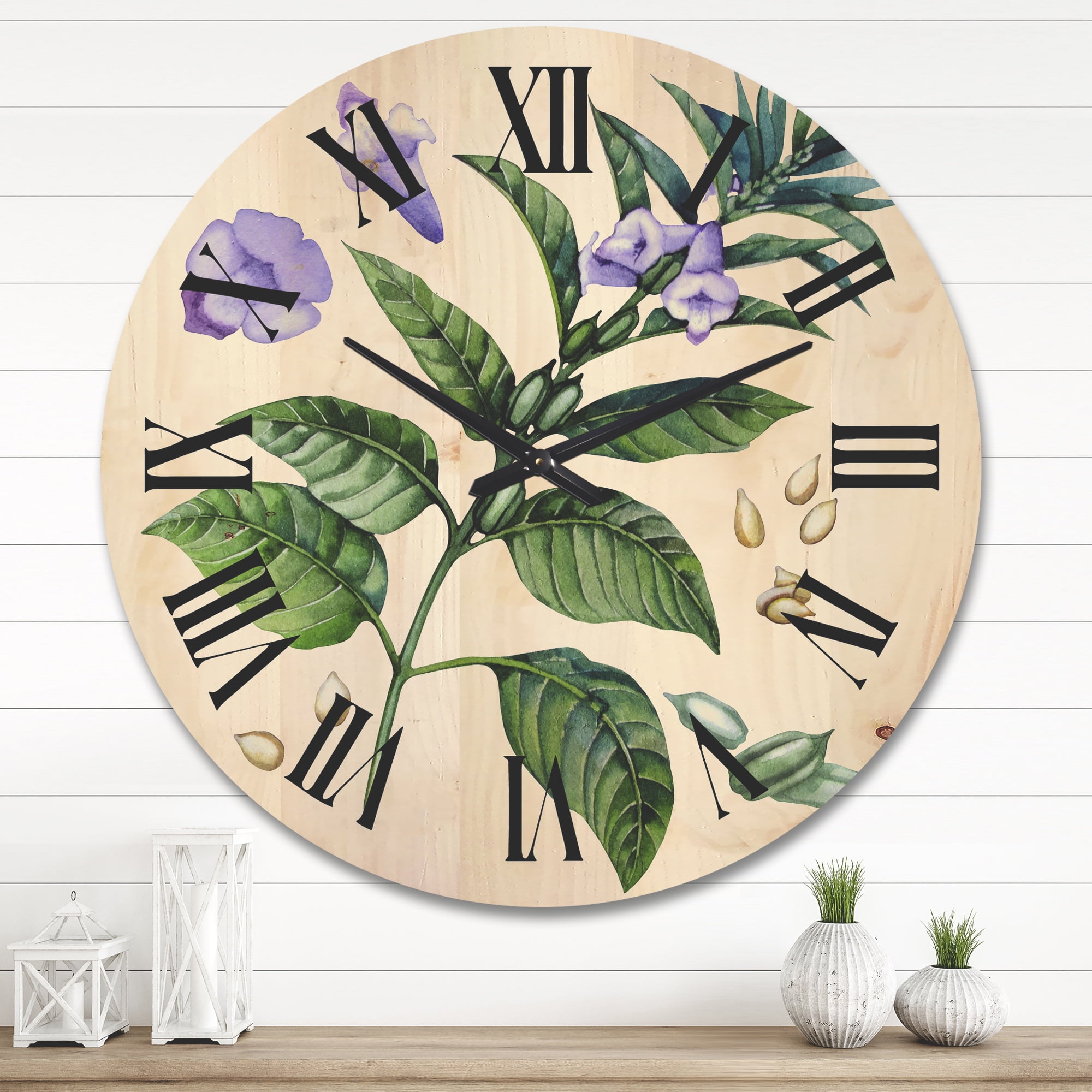 Designart 'Purple Sesame Flowers WIth Green Leaves On White' Traditional Wood Wall Clock
