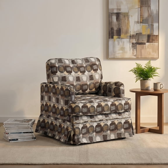 Modern Geometric Pattern Accent Chair, Rolled Arm Upholstered Armchair with Skirted Base, Brown Beige