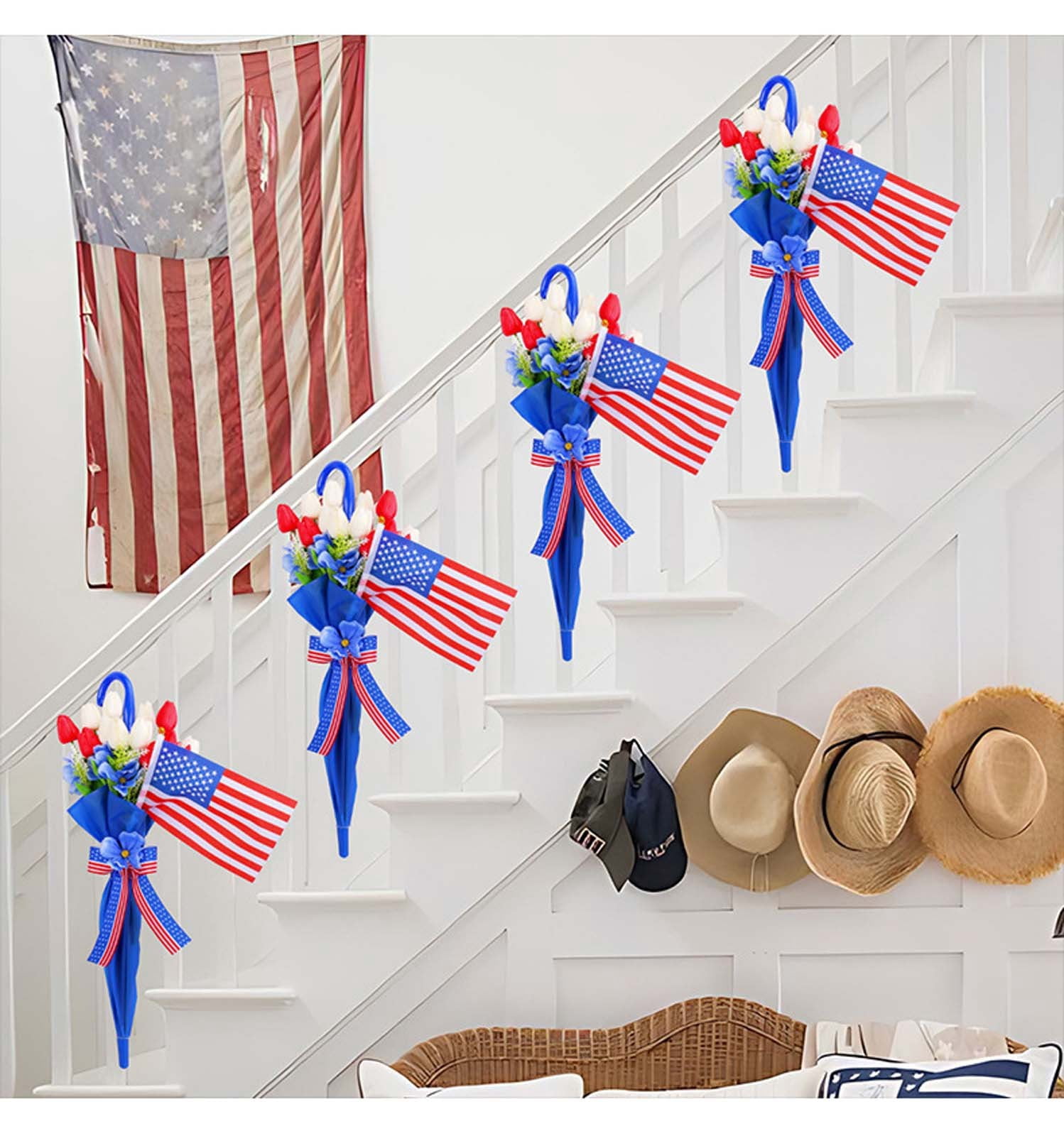Qocolhg Patriotic Artificial Flower Bouquet for Front Door Decoration, Red, White Blue Tulip in Umbrella Wall Hanging Decor, Mixed Floral Arrangement for Memorial Day & 4th of July Table Centerpieces