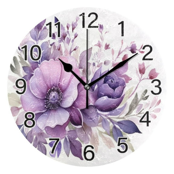 Ryvnso Flowers Purple Wall Clock Non Ticking Silent Kitchen Clock Battery Operated Clocks 10 inch