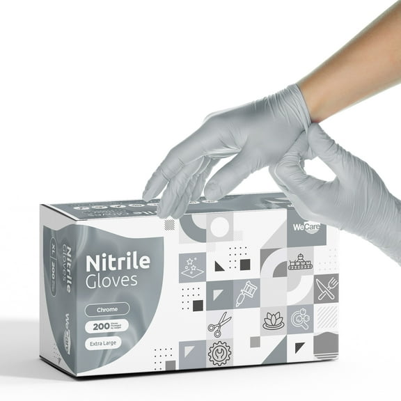 WeCare Nitrile Latex Free & Powder Free Disposable Gloves - Chrome - Box of 200 Gloves (XL)