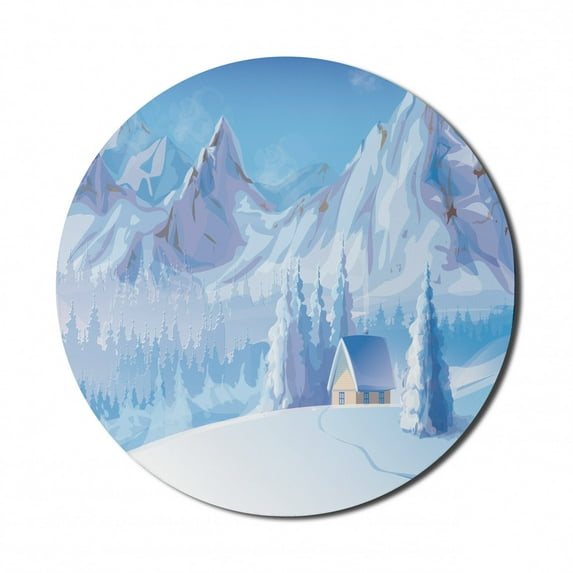 Winter Mouse Pad for Computers, Little House Below the Majestic Mountains in the Winter Ice Blizzard Frozen Cold Weather, Round Non-Slip Thick Rubber Modern Mousepad, 8" Round, Blue, by Ambesonne