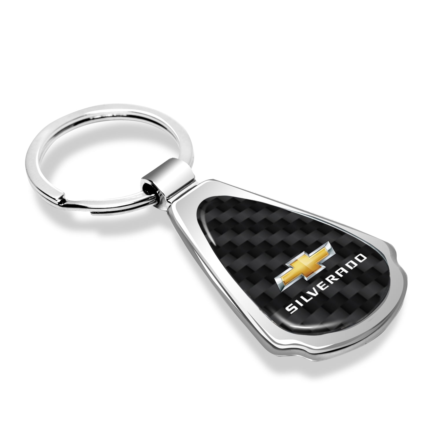 iPick Image for Chevrolet Silverado Real Black Carbon Fiber Chrome Metal Teardrop Key Chain, Official Licensed