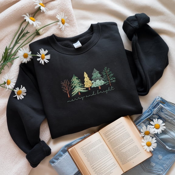 Embroidered Merry and Bright Trees, Women's Christmas Shirt, Womans Holiday Shirt, Christmas Gift, Cute Holiday Tee, Christmas Tree Shirt