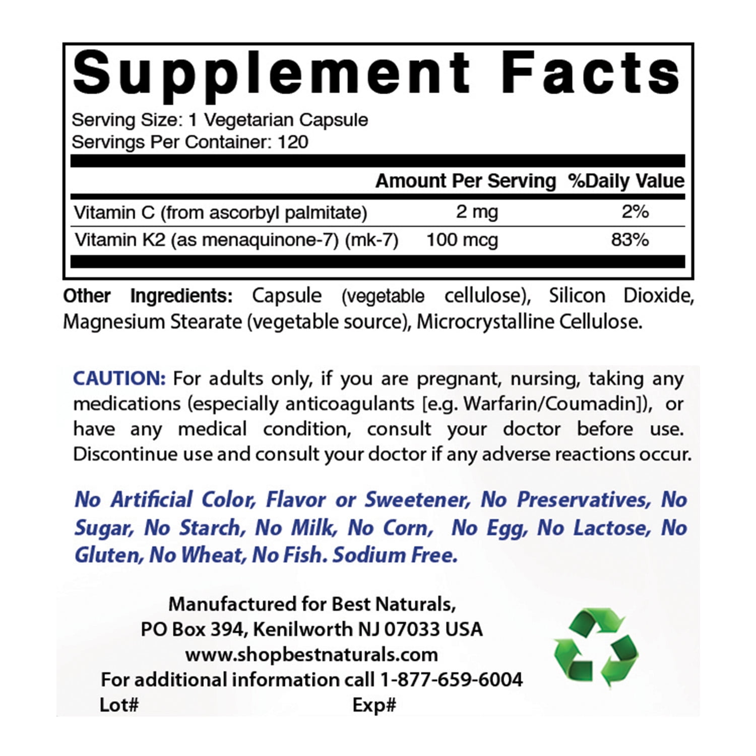 3 Pack Best Naturals MK-7 Vitamin K2 100 mcg 120 Vegetarian Capsules