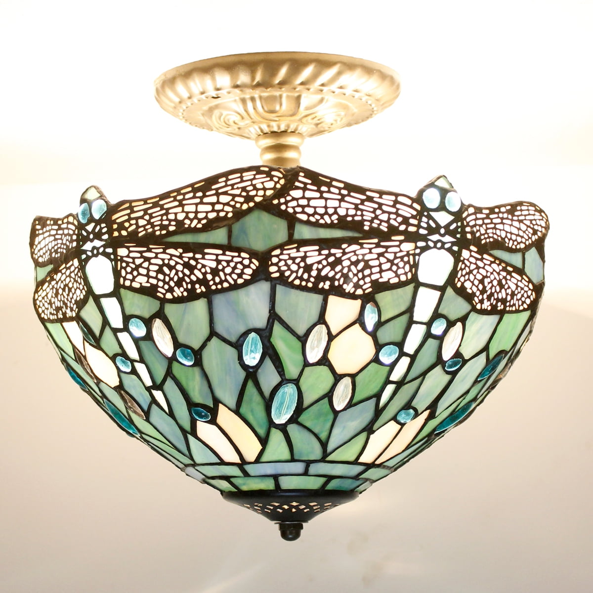 Tiffany Ceiling Light Fixture Semi Flush Mount 12" Sea Blue Stained Glass Dragonfly Cover Shade Overhead Close to Island Hanging Lamp Decor Bedroom Kitchen Dining Living Room Entry Hallway WERFACTORY