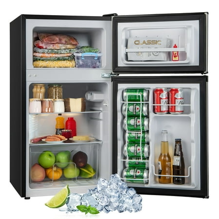Costway - 3.2 Cu.Ft Mini Refrigerator with  Freezer Compact Fridge with  2 Reversible Door - Black / Silver