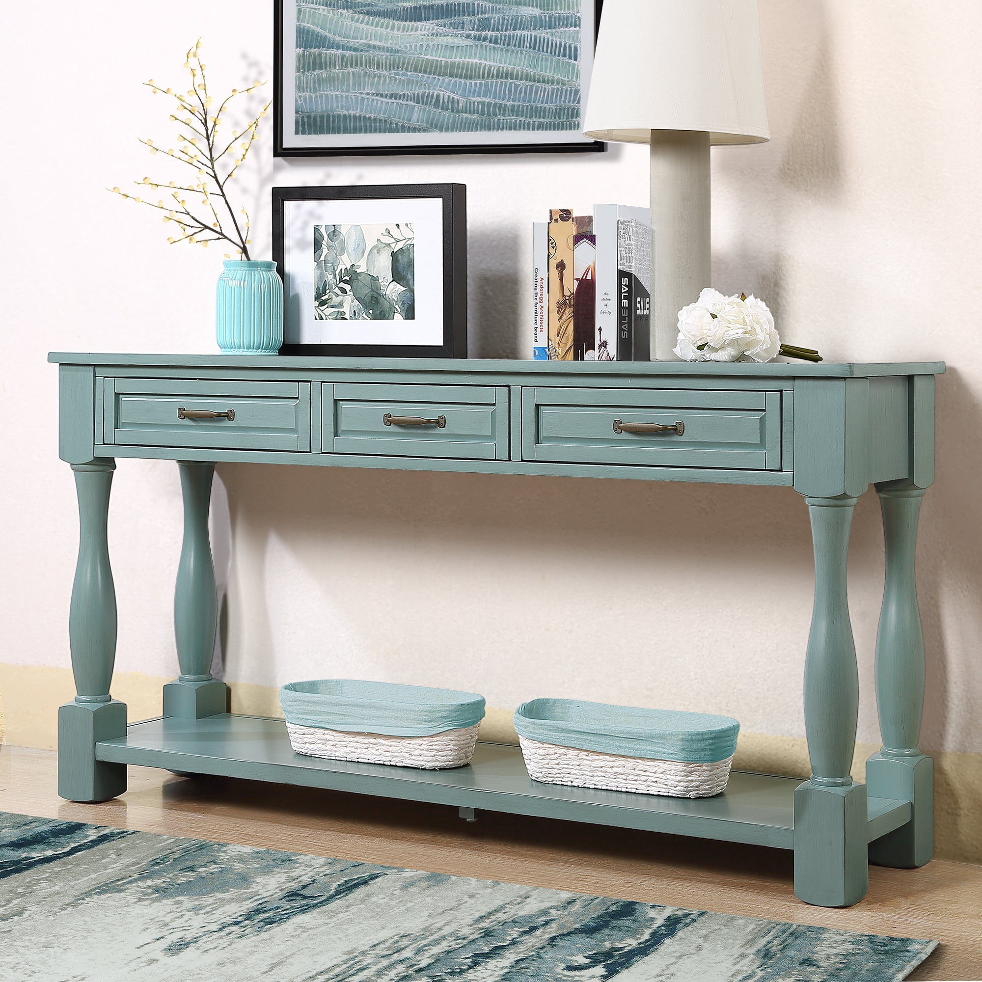 Leumius 63In Long Wood Console Table with 3 Drawers and 1 Bottom Shelf for Entryway Hallway (Retro Blue)