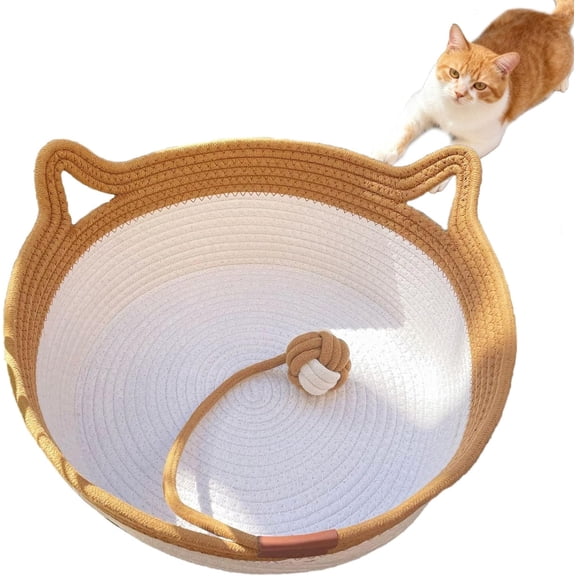 Handwoven Cat Basket Stimulicat Cotton Rope Bed with Soft Cushion, Round Breathable Pet Nest, Scratchable & Durable Sleeping Basket for Indoor Cats