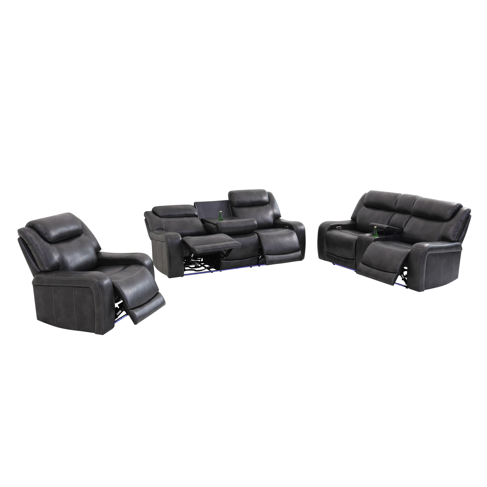 Gewnee 3‑Piece Power Recliner Sofa Set, Air Leather Upholstery, Adjustable Recline with USB Port, Flip‑Up Center Console, Storage Bin, Cup Holders & LED Ambient Light, Living Room Furniture, Black