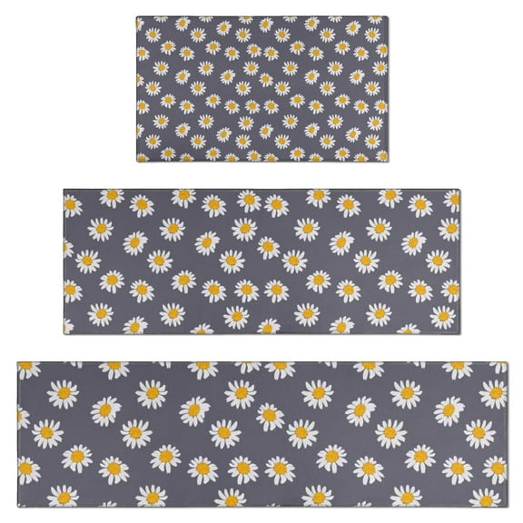 Gray Daisy Flower Pattern Kitchen Rugs Sets Of 3,Kitchen Runner Rugs Non Skid Washable,Decorative Kitchen Floor Mats for Kitchen,Sink,Laundry,17"x30" 17"x47" 17"x59"